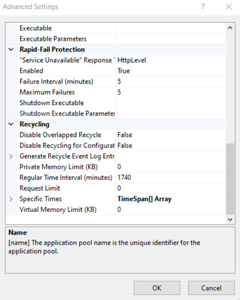 Picture showing the Recycling settings in the Application Pool Advanced Settings Dialog Box. 